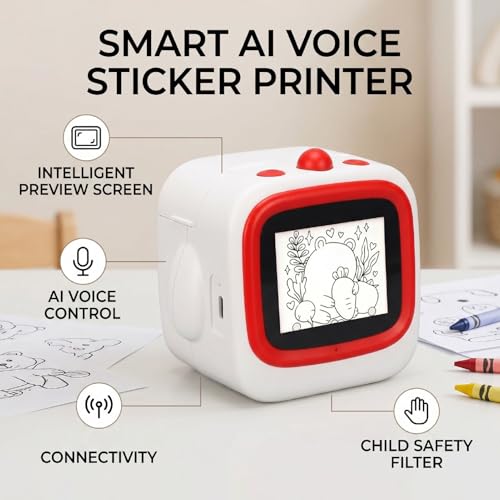 Image of AI Voice Sticker Printer, Smart Thermal Printer with Bluetooth, 2.4 Inch Preview Screen, Inkless Technology, Black and White Print, Custom Plays