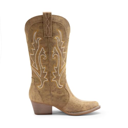 Image of DREAM PAIRS Women's Cowboy Cowgirl Western Boots | Embroidered Pointed Toe Low Heel Western Mid Calf Boots for Theme Party Country Concert