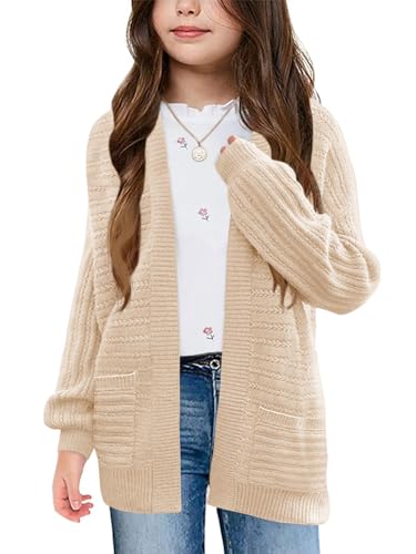 Image of Haloumoning Kids Girls Open Front Cardigan Sweaters Long Sleeve Cable Knit Fashion Clothes with Pockets 5-14 Years