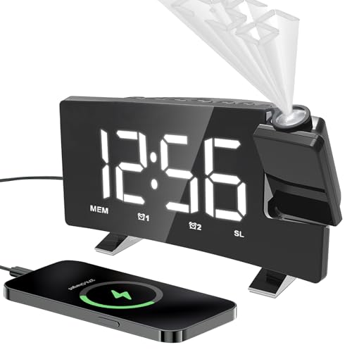 GHDVOP 目覚まし時計 LEDデジタル投影時計 置き時計 7インチ大画面 見やすい 天井投影 時計 180°回転投影 オシャレ 自動調光 4段階明るさ調整 FMラジオ 12H/24H時間表示 アラーム/スヌーズ機能 夜間ライト付 携帯充電可 記憶機能 USB給電 簡単設置 ホーム オフィス インテリア ギフト 日本語説明書付き(ホワイト)