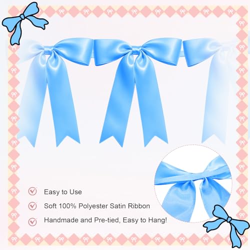 Image of 1 String of 8PCS Blue Bow Garland Banner Decoration,Pre-Strung Satin Ribbon Ornaments for Birthday,Bachelorette Party,Bridal Shower,Wedding,Engagement,Baby Shower,Graduation Decor,Anniversary
