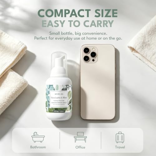 Image of ROMIIE ZOI Foaming Hand Soap, Eucalyptus & Mint Scent, 4 fl oz Travel Size | Natural SLS-Free Formula, Gentle Moisturizing, Rich Creamy Foam, w / Compact Refillable Dispenser