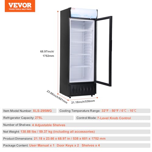 Image of VEVOR Commercial Merchandiser Refrigerator, 9.7 Cu.Ft / 275L Beverage Refrigerator Cooler Merchandiser, Glass Door Display Refrigerator Upright Fridge with 4 Adjustable Shelves, Customizable Lightbox