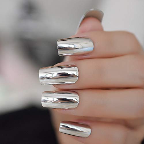 Coolnail L5093 Shiny Silver Metallic Long False Nail Tips Punk Metal Plating Mirror Fake Nails Artificial Manicure Press thumb #3