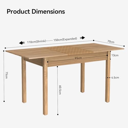 ARTETHYS Dining Table, 110-150cm Wood Extendable Table for 4-6 People, Large Kitchen Dinner Table with Solid Legs for Restaurant, Home - Image 3