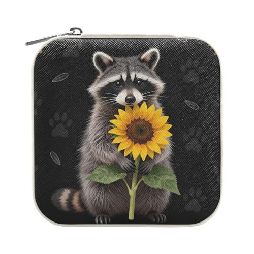tplaotee Maletín de viaje para joyas de mapache con girasol, organizador portátil para mujeres y mujeres