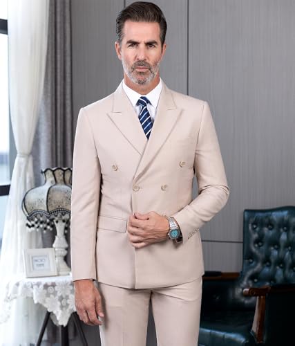 Men's Double-Breasted Suit Set, 2-Piece Slim Fit, Peak Lapel Blazer with Dress Pants2