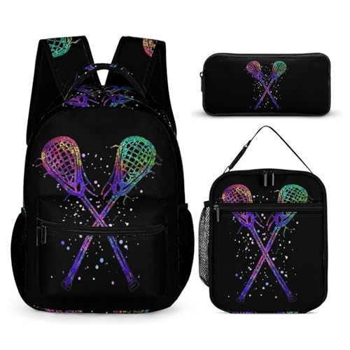 Crossed Lacrosse Glitter Printed Backpack with Lunch Box Bag Pencil Case Pouch 3pcs Daypack Set for Women Men