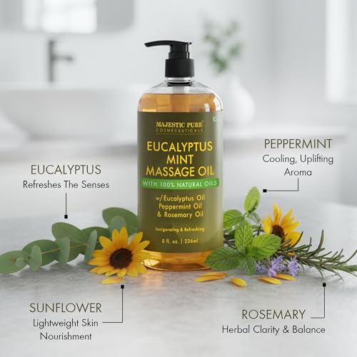 Image of MAJESTIC PURE Eucalyptus Mint Massage Oil for Massage Therapy - Refreshing, and Relaxing - Natural Oils with Eucalyptus Essential Oil - for All Skin Types - Men and Women Massage Lotion- 8 fl oz