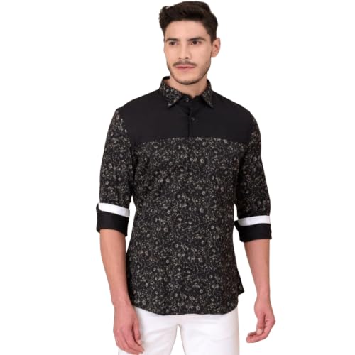 Image of Men's Slim Fit Printed Cotton Party Shirt Black