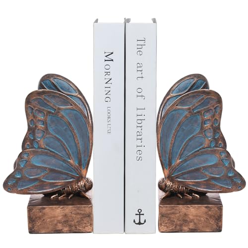 Kakizzy Vintage Blue Butterfly Bookends,Resin Book Ends for Shelves,Heavy Duty Decorative Bookends,Creative Book Stopper Holder Decor for Desk Home Office,Shelf Decoration,Gifts for Mother's Day