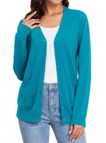 Image of Women's Lightweight Button Down Cardigan Sweaters Long Sleeve Classic V Neck Knit Soft Shrugs with Pocket