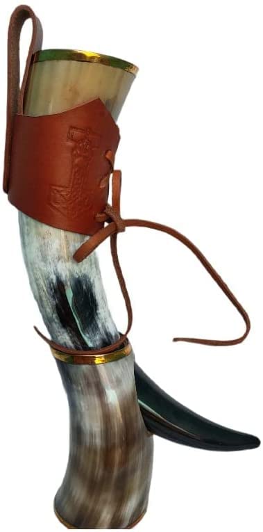 The Viking Real Ox Horn Drinking Horn with Leather Holder and Horn Stand Handmade Beer Glass Viking Vessels - Brass Rim