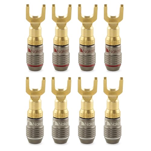 Image of Nakamichi FanLock Excel Series 24k Gold Plated Spade Connector Banana Plug 10 AWG - 18 AWG Gauge Size 4mm for Speakers Amplifier Hi-Fi Home Theatre Wire Cable Quick Connector, 8 Pcs (4-Pairs) | Excel Series, Gauge Size 4mm for Speakers Amplifier Hi-Fi Stereo Radio AV Audio Wire Cable Quick Connector, 8 Pcs (4-Pairs)