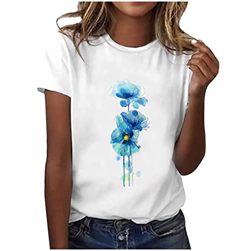 Generisch Blusa de manga larga para mujer, con cuello redondo, estampado floral, túnica, corte holgado, cómodo, informal, invierno, parte superior ancha, azul celeste, XXL
