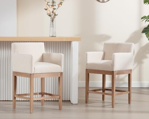 CIMOTA 26" Counter Height Bar Stools Set of 2, Modern Farmhouse Upholstered Bar Chairs with Arms & Back, Solid Wood Frame, Linen Fabric Barstools, Kitchen Island & Home Bar Seating, Beige