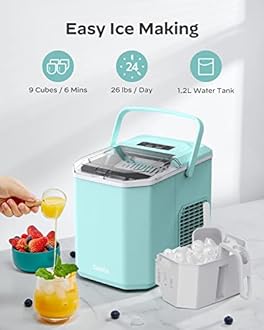 Silonn Ice Maker Countertop Machine with Handle, 26lbs in 24h, 9 Ice Cubes Ready in 6 Mins, Self-Cleaning Ice Makers with Basket and Scoop, Ideal for Home Kitchen Camping, Green