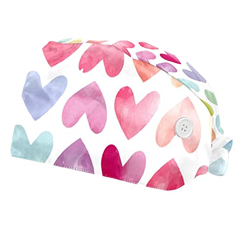 2 PCS Working Cap with Buttons and Sweatband Unisex Adjustable Tie Back Hats Bouffant Caps Heart Valentine's Day Scrub Hat Turban Cap