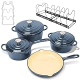 Nonstick Enameled Cast Iron Cookware Set- 9 Pieces Dutch Oven Pot with Lid for Braising, Stews, Roasting, Bread Baking, Cooking Pot Oven Safe & Compatible with All Stovetop, Navy