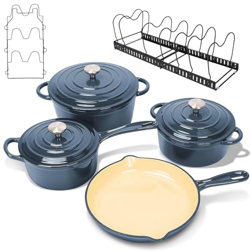Nonstick Enameled Cast Iron Cookware Set- 9 Pieces Dutch Oven Pot with Lid for Braising, Stews, Roasting, Bread Baking, Cooking Pot Oven Safe & Compatible with All Stovetop, Navy