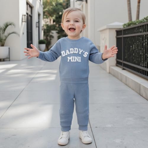 Toddler Baby Boy Fall Outfit Daddy's Mini Waffle Knit Sweatshirt Tops + Jogger Pants Kids Casual Winter Clothes4