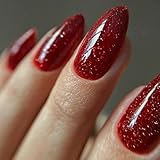Picture of GLAMERMAID Golden Red Press on Nails Medium Almond, Handmade Glitter Glossy Jelly Soft Gel Glue on Nails Stiletto, Bright Red Fake Nails Short Oval, Reusable Acrylic Stick on False Nails Kit for Women