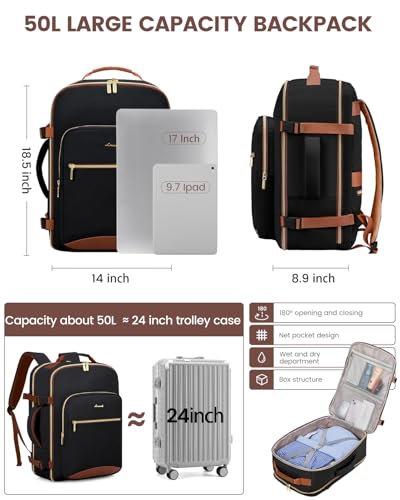 Image of LOVEVOOK 50L Travel Backpack for Women & Men, Airline Approved Carry On Luggage with 3 Packing Cubes, TSA Overnight Bags, Waterproof Personal Item Bag, Weekender Essentials Backpacks fits 17 inch Laptop