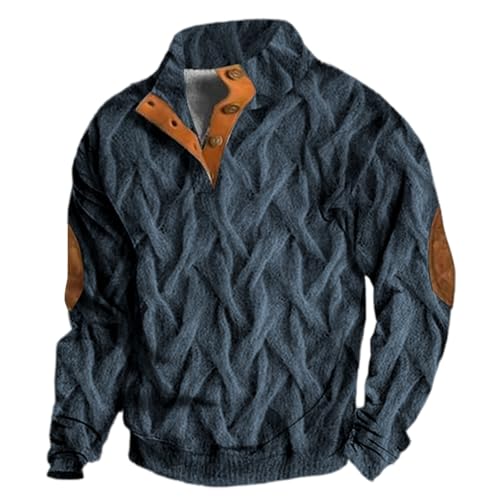 Vhersily Sudadera cálida Otoño e Invierno para Hombre Sudadera con Botones de Un Cuarto de Manga Larga Amplia Color Sólido Suéter Cálido Amplio Simple de Gran Tamaño de Punto Sin Capucha, Azul marino
