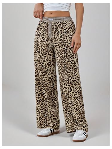 MakeMeChic Women's Leopard Print Wide Leg Pants Elastic Waist Button Front Y2K Trousers3
