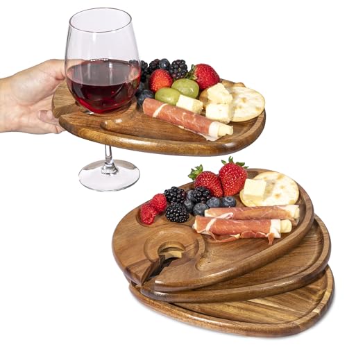 YEWBEE Wine Glass Holder Plates Acacia Wooden Appetizer & Snack Plates for Party Wine & Cheese Mini Charcuterie Boards Set of 4 Great Gift for Wine Lovers