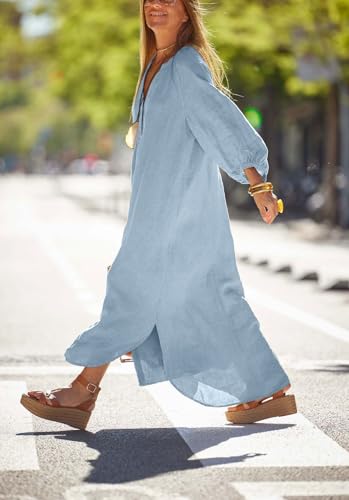 Image of chouyatou Women Summer Long Sleeve Notch Neck Maxi Linen Shirt Dress Loose Button Down Tunic Shift Dress