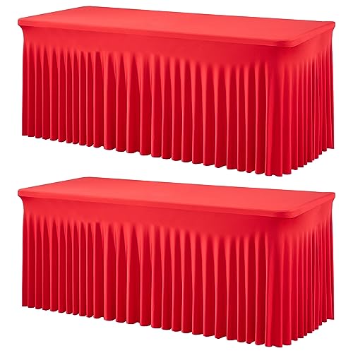 Image of 2 Pack Red Spandex Tablecloths for 6 Foot Rectangle Tables, Wrinkle Free 6ft Fitted Table Cloth Stretchy Table Clothes with Skirt for Parties Weddings Birthday Banquet Baby Shower