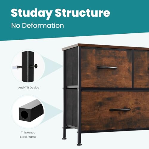 Image of OLIXIS 5 Drawer Dresser for Bedroom, Wide Fabric Storage Tower, Brown | Closet Chest Organizer Furniture, TV Stand for Living Room, Wooden Top and Metal Frame