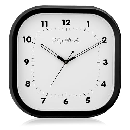 Image of Sehaz Artworks Silent Square Wall Clock for Hall | Black - 28x28 CM | Non Ticking, Designer Wall Clock for Bed Room Silent Sweep, Wall Watch for Living Room Stylish, Clock for Living Room Stylish