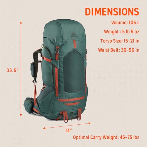 Image of Kelty Glendale 65L to 105L Internal Frame Backpack - Multi-day Backpacking Thru Hiking Pack, Adjustable Suspension, Customized Fit (Duck Green, 105L)