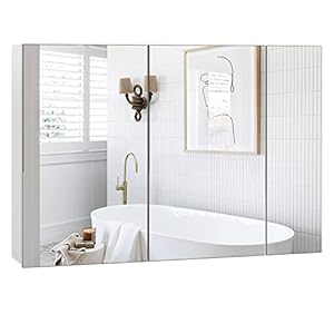 FOREHILL grote spiegelkast badkamer met 3 deuren badkamerkast met spiegel en 2 verstelbare planken, wit, 87,5 x 60 x 15,5 cm