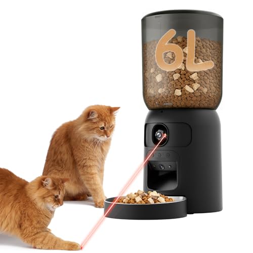 BrooBirder 6L Distributore Automatico Cibo Gatti, doppia telecamera WIFI - Visione orientabile IA Tracciamento mobile, Ciotola inox Modalità pasto lento Programmabile porzionato Batteria riserva