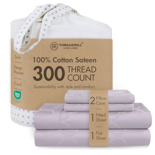 Image of Threadmill 100% Cotton Sheets for King Size Bed | 4 Pc King Bed Sheets Set | Soft, Breathable Lightweight Damask Sateen for All-Season Use | Snug Fit Elastic Deep Pocket King Sheets | Lilac