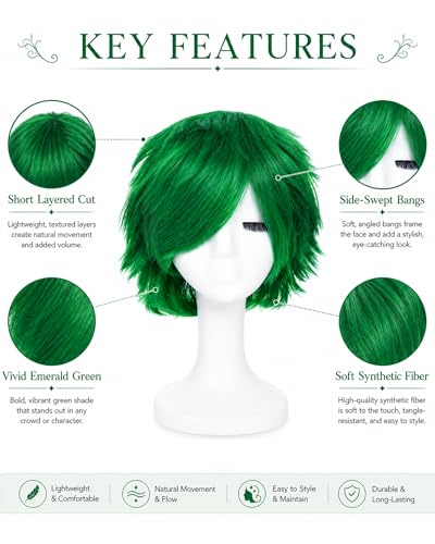 Image of Rose bud Anime Halloween Forest Green Wig for Cosplay Party Synthetic Layered Short Hair Wigs with Bangs Pastel Funny Wigs for Women Men