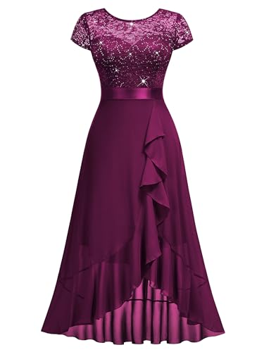 Image of Miusol Women's Scoop Neck Sequined Floral Lace Ruffle Wedding Party Dress | Sequin lace, scoop neck, cap sleeve, ruffle design dress for cocktail party, wedding and formal