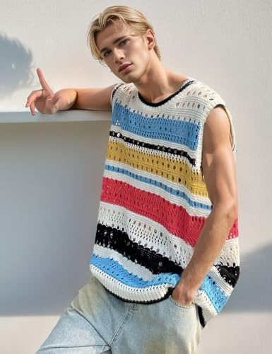 Arssm Mens Crochet Sweater Vest Color Block Knit Vest Sleeveless Crewneck Blouses Tops Hollow Out Tank Top4