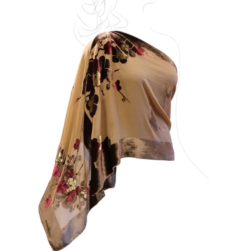 Silk Base Burn-out Velvet Shawl, 71" Lx21 W, Plum and Crane pattern with Beads Adorned, Multiple Brown3