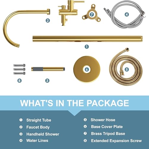 Image of BASSINO Freestanding Bathtub Faucet with Hand Shower /45 Inches Premium Stand Alone Bath Tub Mixer Tap for Bathroom /Free Standing Tub Filler for Spa & Villa Bathrooms /Floor Mounted Basin Mixer(Gold)