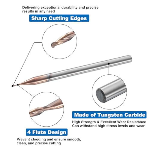 Image of HARFINGTON Ball Nose End Mill 4 Flute 0.020 inch Diameter 1 /8 inch Shank Tungsten Carbide Uncoated Spiral CNC Router Bits 0.06 inch Cutting Length Single End Ball for Carving Engraving Grinding