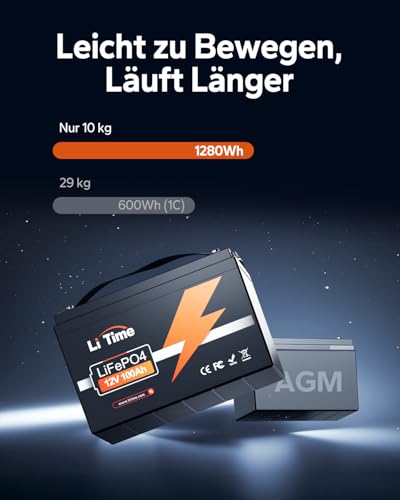 Litime 12V 100Ah LiFePO4 Batterie mit 1280Wh und 100A BMS