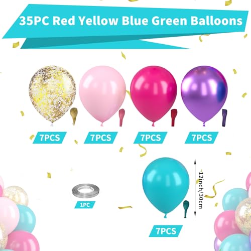 Image of Pink Blue Purple Balloons, Hot Pink Metallic Purple Teal Blue Balloon, Gold Confetti Balloons for Kids Magic Theme Birthday Girls Baby Shower Engagement Party Decorations