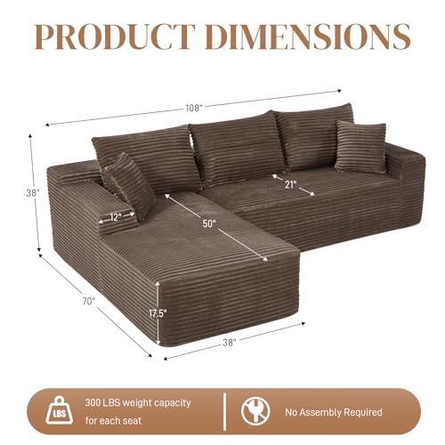 Image of 108 inch L Shaped Cloud Boneless Sectional Couches for Living Room, Modern Comfy Modular Deep Seat Memory Foam Compressed Corduroy Sofa Oversized Left Facing Chaise, No Assembly Required, Brown