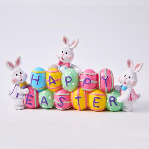 yumhum 3 Bunny Holding Eggs and Happy Easter Decorations, Resin Easter Bunny Rabbits Figurine Tabletop Centerpiece for Spring Decor Easter Home Office Party Decor