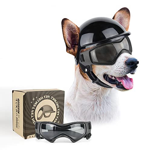 PETLESO Dog Goggles for Small Dogs with Helmet, 2pcs Dog Sunglasses and Dog Helmet Set for Small Medium Dog Outdoor Driving Walking, Black PETLESO Dog Goggles for Small Dogs with Helmet, 2pcs Dog Sunglasses and Dog Helmet Set for Small Medium Dog Outdoor Driving Walking, Black