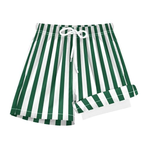 Dark Green White Stripes Boys Swim Trunks with Compression Liner Quick Dry Bathing Bottom Kids Beach Shorts
